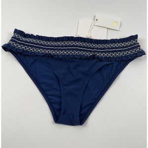 Tory Burch Costa Ruffle Waist Line Hipster Bikini Bottom Blue Size L NWT